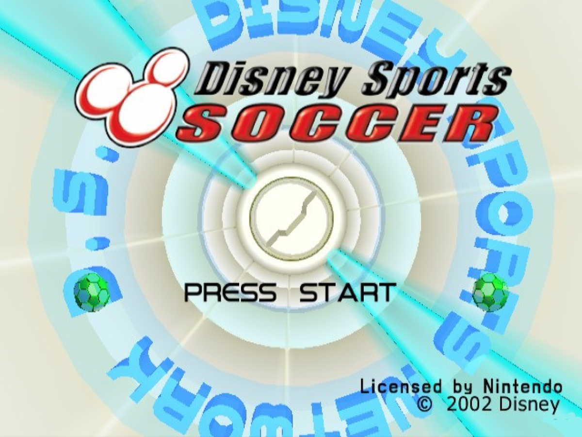 Disney Sports Soccer start screen for GameCube (GC) sports soccer video game