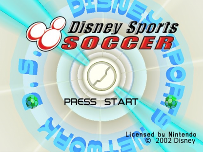 Disney Sports Soccer start screen for GameCube (GC) sports soccer video game