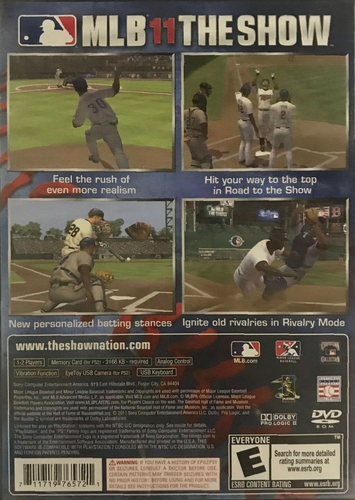 MLB 11: The Show back cover art for PlayStation 2 (PS2) featuring authentic baseball simulation with real teams, players, and immersive stadium gameplay.