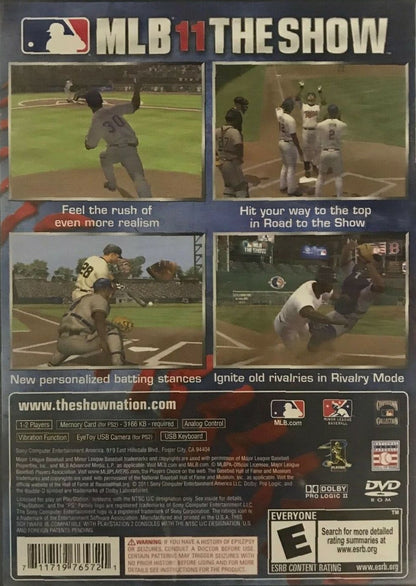 MLB 11: The Show back cover art for PlayStation 2 (PS2) featuring authentic baseball simulation with real teams, players, and immersive stadium gameplay.