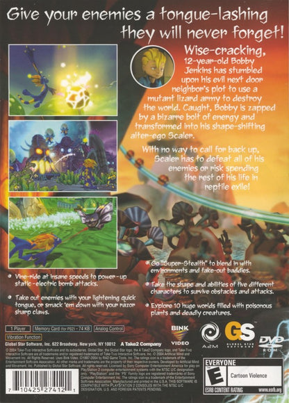 Scaler PlayStation 2 PS2 for action platforming video game fans featuring colorful 3D platforming gameplay shape shifting lizard hero fast paced combat puzzle solving vibrant fantasy worlds collectible upgrades challenging levels family friendly adventure collectible gaming appeal back cover art