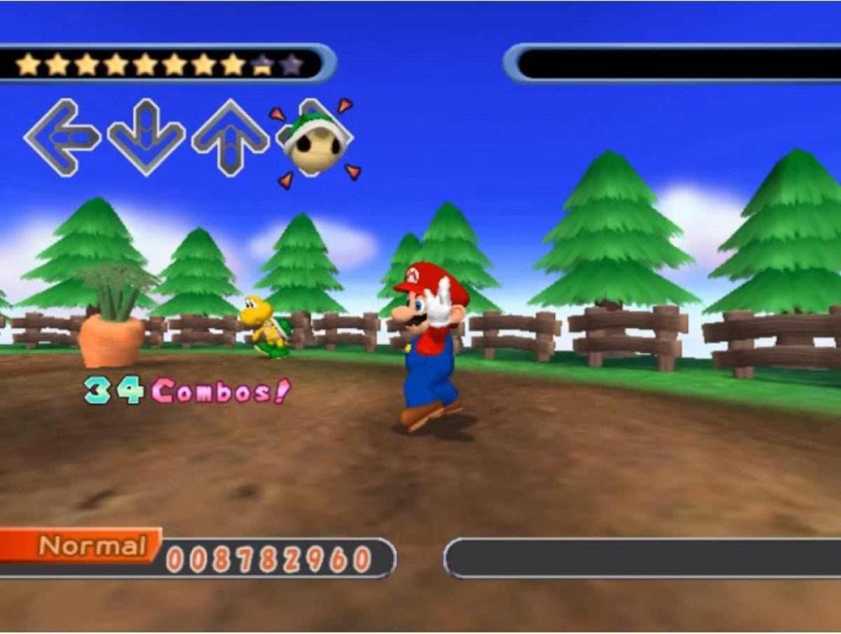 Gameplay for Dance Dance Revolution Mario Mix GameCube GC video game, rhythm and music, dance gameplay, multiplayer, family-friendly, Nintendo GameCube classic