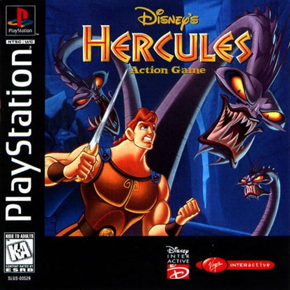 Disney Hercules PlayStation 1 PS1 Virgin Interactive 2D side-scrolling platformer action-adventure based on the animated film levels following Hercules journey Meg Hades Pegasus Phil Pain Panic titans Hydra Greek mythology villain battles puzzle-solving voice clips from the movie Sony PlayStation original classic 90s licensed game front cover