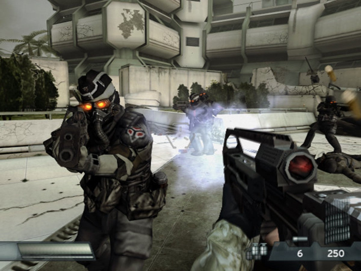 Killzone PS2 Sony PlayStation 2 first person shooter FPS military sci fi war game Helghast enemies tactical combat squad warfare Guerilla Games story campaign multiplayer split screen retro gaming PlayStation 2 software video game title gameplay
