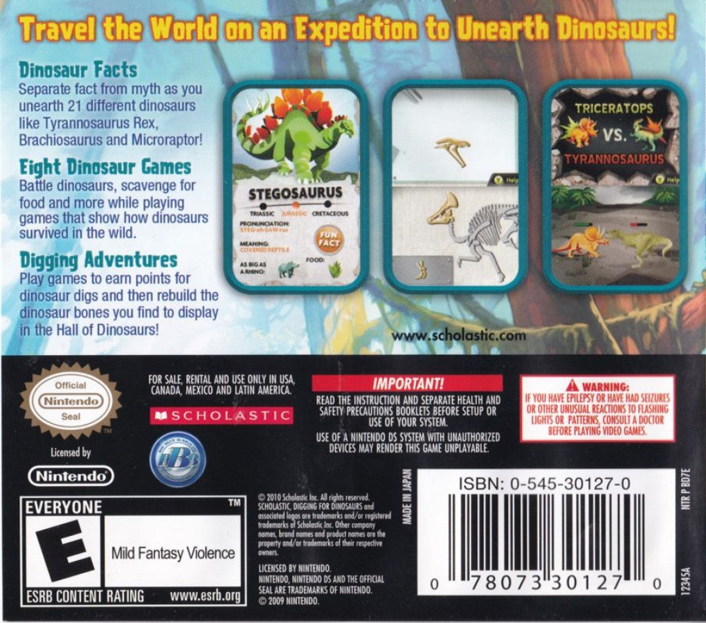 Digging for Dinosaurs back of case for Nintendo DS (DS) educational adventure video game