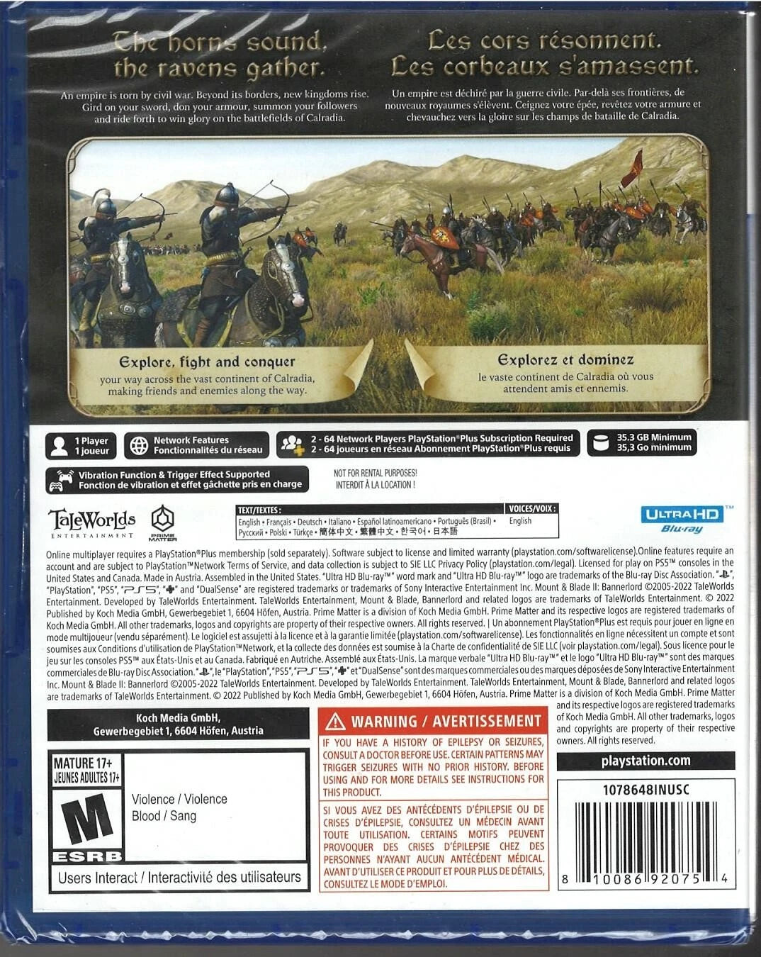 Mount & Blade II Bannerlord PlayStation 5 PS5 for action role playing strategy video game fans featuring massive medieval battles open world exploration army management kingdom building character progression diplomacy mounted combat siege warfare faction politics and immersive medieval sandbox gameplay collectible gaming appeal back cover art