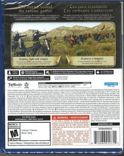 Mount & Blade II Bannerlord PlayStation 5 PS5 for action role playing strategy video game fans featuring massive medieval battles open world exploration army management kingdom building character progression diplomacy mounted combat siege warfare faction politics and immersive medieval sandbox gameplay collectible gaming appeal back cover art