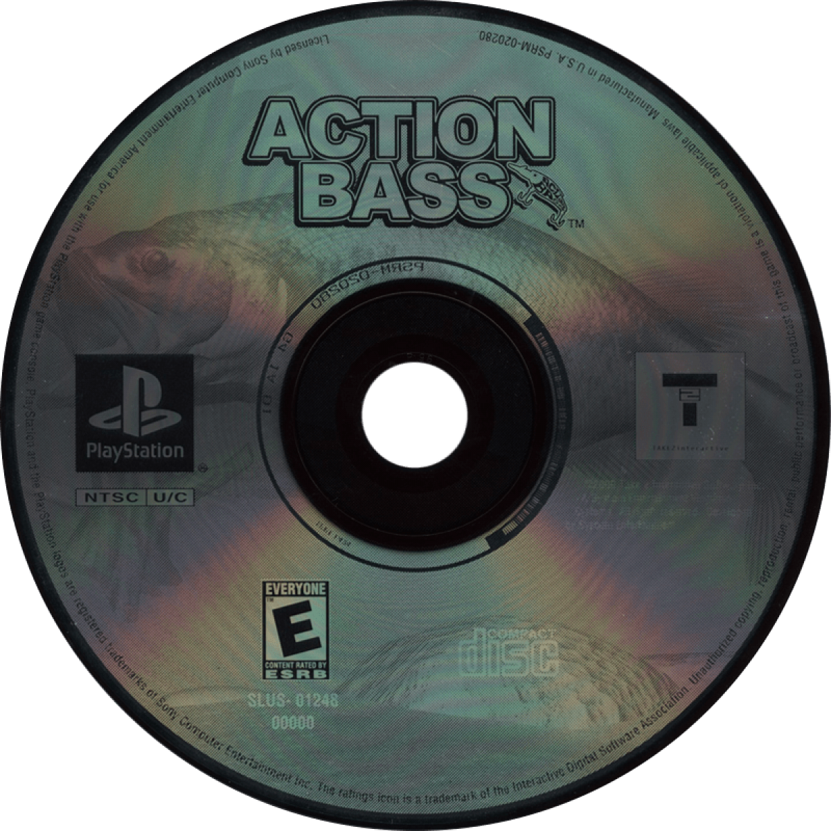 Action Bass PlayStation 1 PS1 video game, fishing simulation, tournament-style bass fishing gameplay, classic console title disc