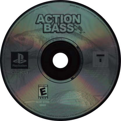 Action Bass PlayStation 1 PS1 video game, fishing simulation, tournament-style bass fishing gameplay, classic console title disc