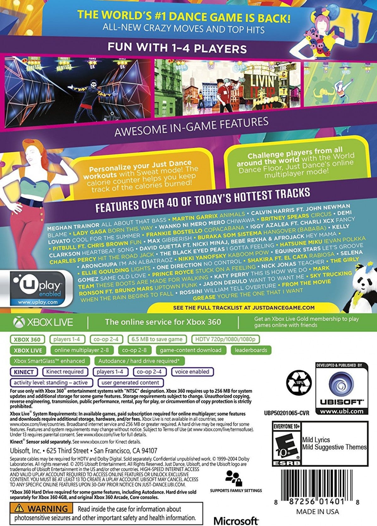 LocalID_78090Just Dance 2016 Xbox 360 X360 video game featuring dance rhythm gameplay popular music tracks choreographed dance routines motion controlled movement scoring challenges solo dancing multiplayer party mode dance competitions energetic music and classic Xbox 360 family entertainment gameplay retro video game collection collectible gaming appeal back cover art
