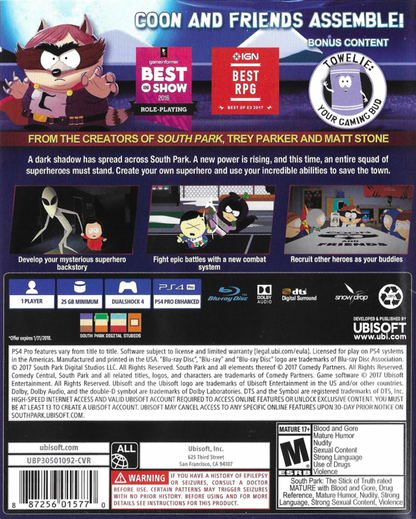 South Park: The Fractured But Whole – PlayStation 4 (PS4) video game back of case, turn-based role-playing game.