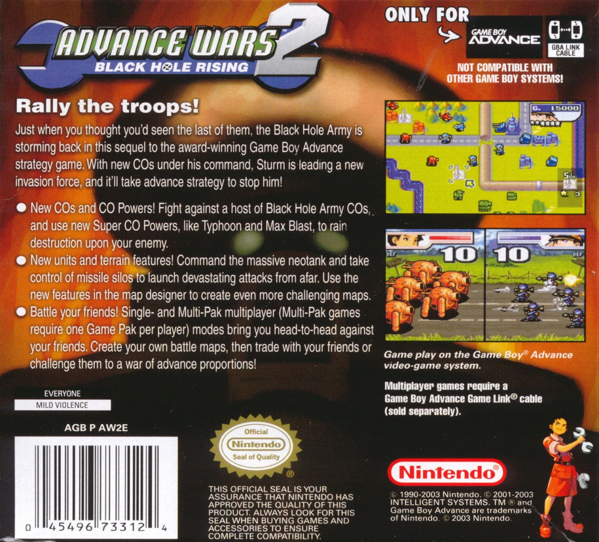 Advance Wars 2 Black Hole Rising cartridge for the Game Boy Advance featuring turn based strategy gameplay with grid based combat commanding armies multiple factions and challenging campaign missions against the Black Hole army back cover art