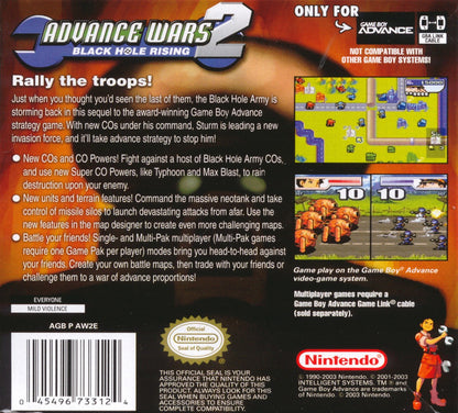 Advance Wars 2 Black Hole Rising cartridge for the Game Boy Advance featuring turn based strategy gameplay with grid based combat commanding armies multiple factions and challenging campaign missions against the Black Hole army back cover art