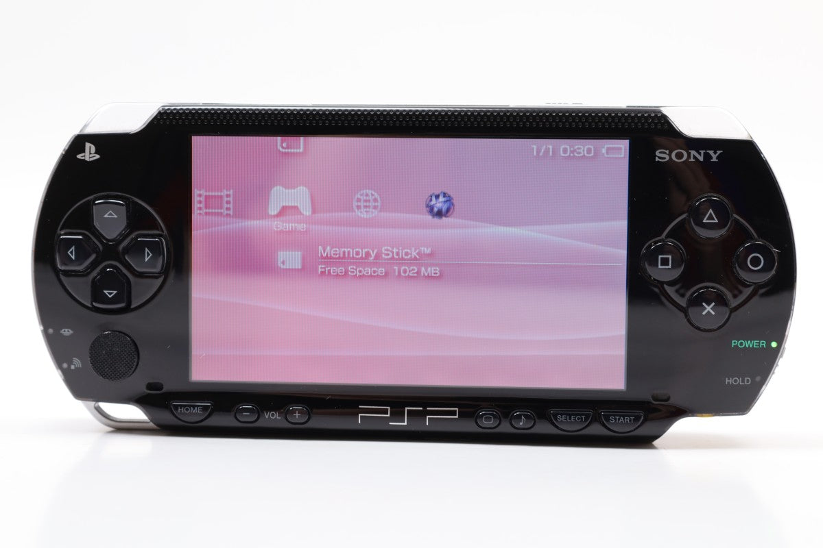 PlayStation Portable 2000 PSP 2000 Black JPN Japan Import Region Free handheld gaming console featuring a sleek black design portable gaming system UMD game support memory card compatibility vibrant widescreen display built-in controls Japanese import hardware region free gameplay and scratch and scuff condition collectible gaming appeal 