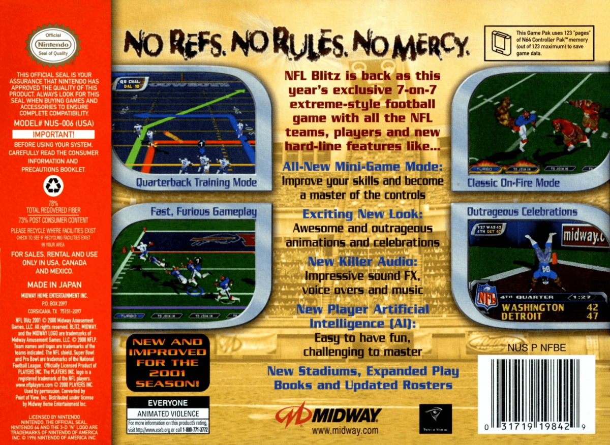 NFL Blitz 2001 back cover art for Nintendo 64 (N64) video game