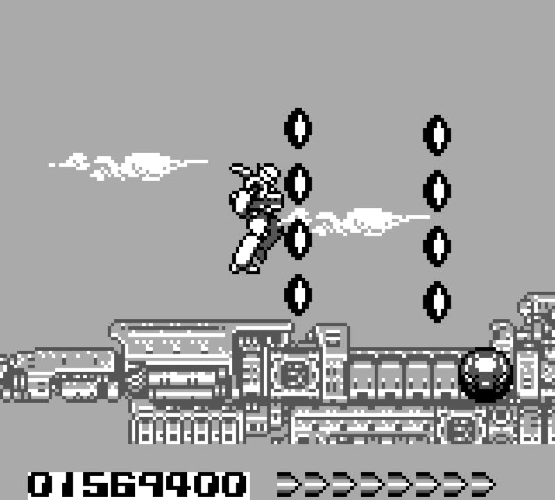 Battle Unit Zeoth [Missing Manuals/Inserts] for Game Boy (GB) featuring a sci fi top down shooter where you pilot a transforming mech tank through intense missions; blast enemies collect upgrades and survive challenging stages in this boxed copy missing the original manuals and inserts gameplay screenshot