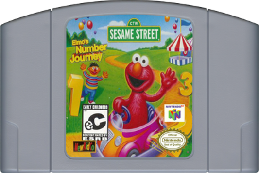 Elmo's Number Journey game for the Nintendo 64 featuring educational gameplay designed for children with number based learning activities puzzles and interactive Sesame Street themed environments starring Elmo in a boxed retail release format cartridge 