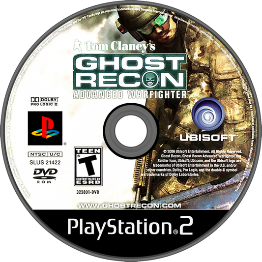 Tom Clancy's Ghost Recon: Advanced Warfighter for PlayStation 2 (PS2) featuring tactical third person shooting with squad commands and modern military gear in an urban combat campaign; plan your approach issue orders and complete objectives with Ghost Recon style realism on PS2 disc