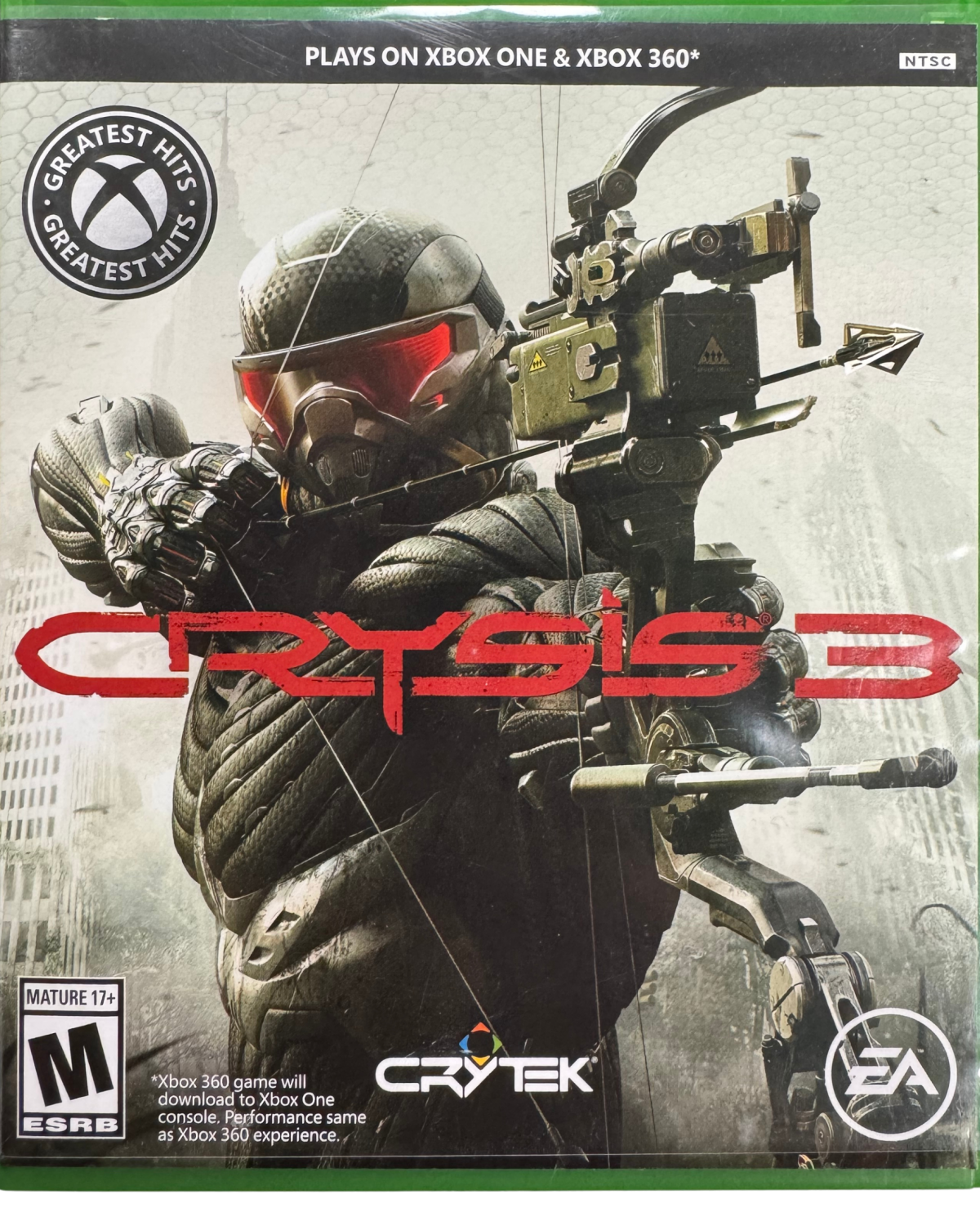 Crysis 3 Xbox One XONE video game featuring first person shooter gameplay futuristic nanosuit combat Prophet character advanced stealth abilities high tech weaponry compound bow combat alien Ceph enemies urban jungle environments tactical combat missions explosive firefights and science fiction action gameplay retro video game collection collectible gaming appeal cover art