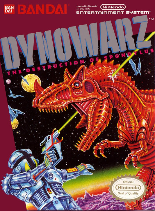 Dynowarz The Destruction of Spondylus Complete in Box CIB Nintendo Entertainment System NES for retro video game enthusiasts featuring action platforming gameplay futuristic mech combat side scrolling shooting dinosaur enemies challenging stages complete in box collectible gaming appeal front cover