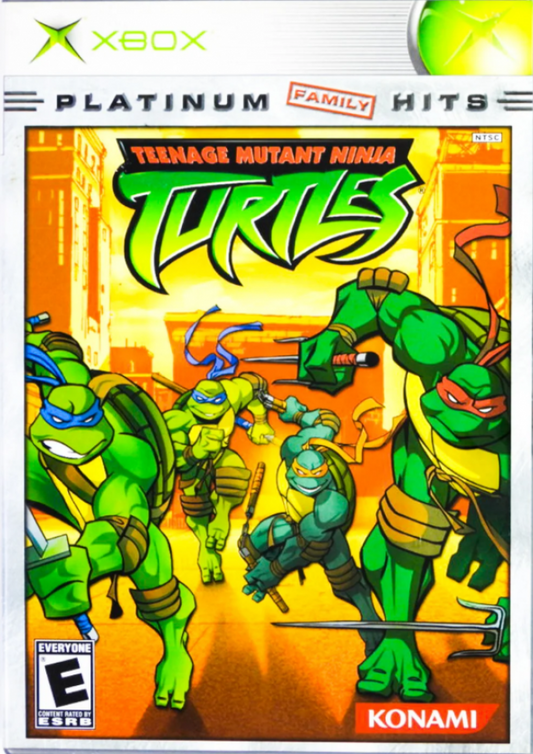 Teenage Mutant Ninja Turtles TMNT Platinum Hits Xbox classic arcade beat em up game four player cooperative brawler featuring Leonardo Donatello Michelangelo Raphael and villains Shredder Krang front cover