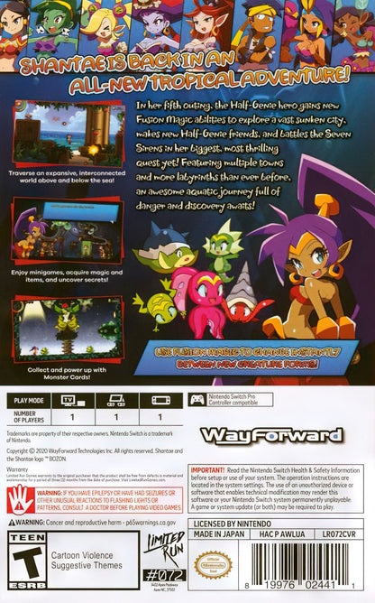 Shantae and the Seven Sirens Nintendo Switch game featuring vibrant platforming, magic abilities, and Metroidvania-style adventure gameplay back cover