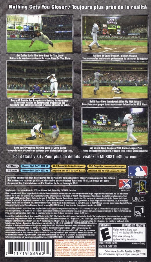 MLB 08: The Show back of case for PlayStation Portable (PSP) baseball sports video game