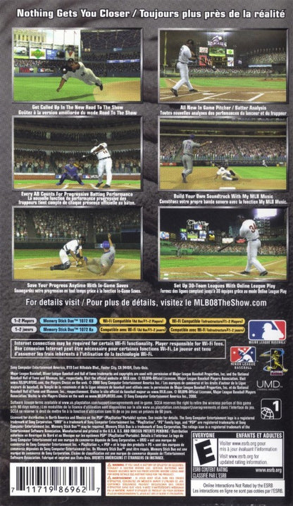 MLB 08: The Show back of case for PlayStation Portable (PSP) baseball sports video game