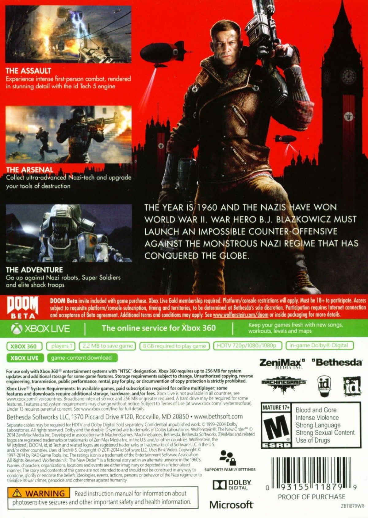 Retro Wolfenstein The New Order Xbox 360 inspired design featuring alternate history first person shooter aesthetic vintage HD era resistance warfare Nazi occupied dystopia intense gunplay cinematic action stealth shooter atmosphere nostalgic Bethesda FPS presentation back coverr art