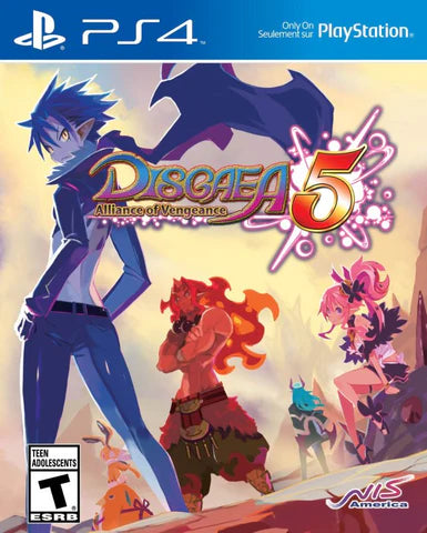 Disgaea 5: Alliance of Vengeance – PlayStation 4 (PS4) video game cover image, strategy RPG by Nippon Ichi Software