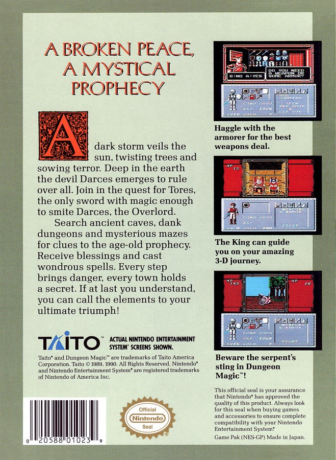 Dungeon Magic NES Nintendo Entertainment System fantasy action adventure RPG dungeon crawler spellcasting magic combat side scrolling gameplay Taito retro 8 bit gaming cartridge video game title rear art 