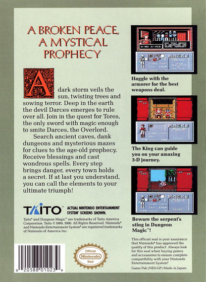 Dungeon Magic NES Nintendo Entertainment System fantasy action adventure RPG dungeon crawler spellcasting magic combat side scrolling gameplay Taito retro 8 bit gaming cartridge video game title rear art 