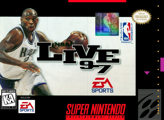 NBA Live 97 for Super Nintendo basketball simulation game featuring NBA teams and players season mode arcade style gameplay realistic court action cover art 