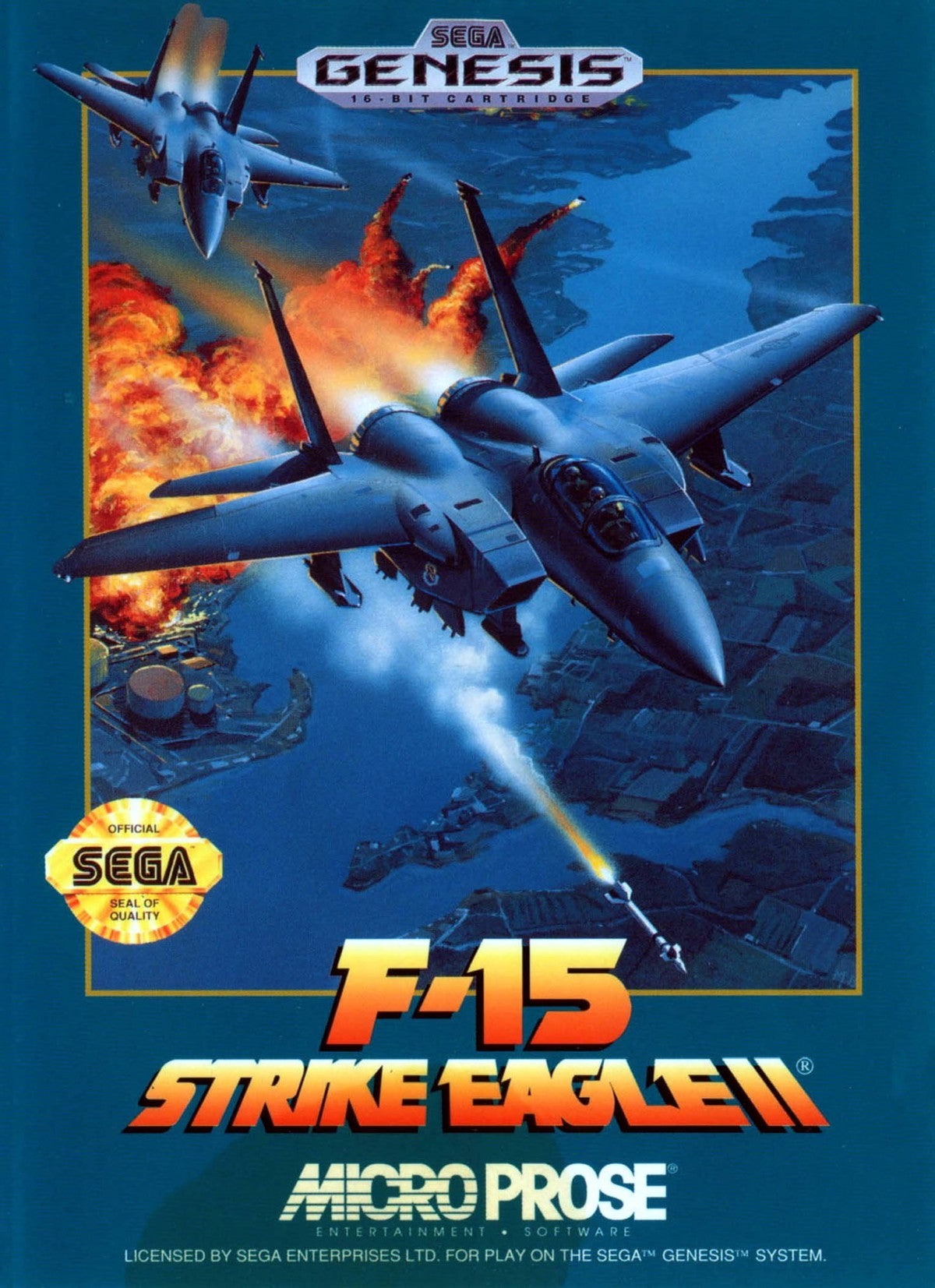 F 15 Strike Eagle II Sega Genesis video game featuring realistic jet fighter simulation gameplay tactical air combat missions military aviation action and classic 16 bit Sega console flight simulator title cover art
