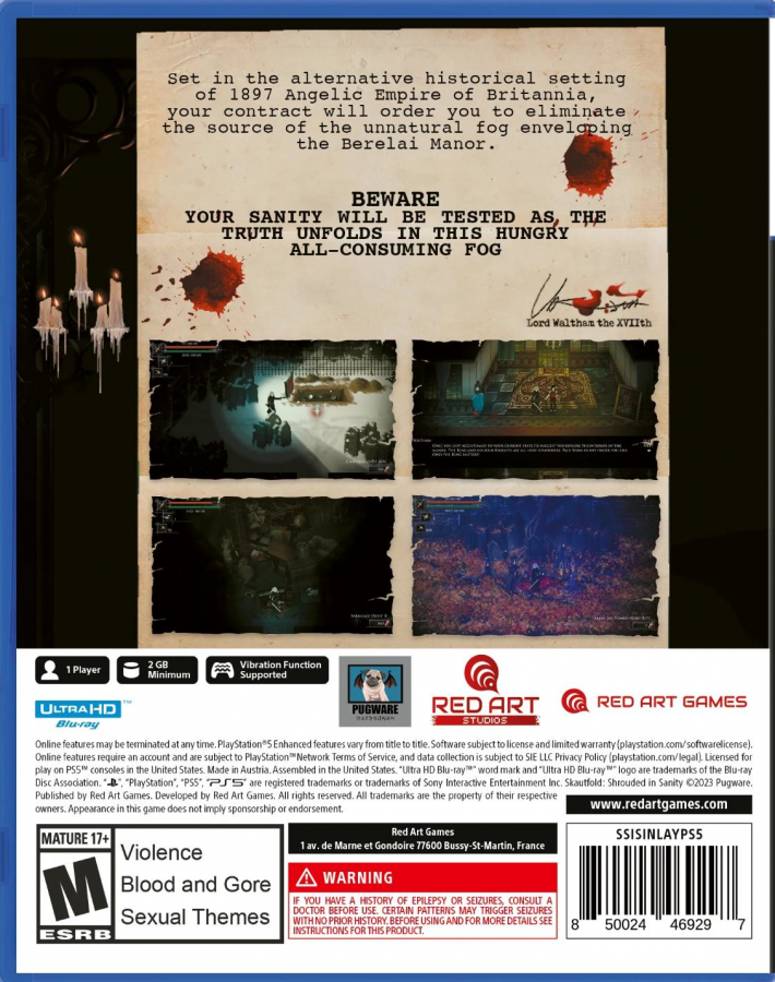 Skautfold: Shrouded In Sanity– Playstation 5 Back Cover Box Art for this PlayStation 5 Game