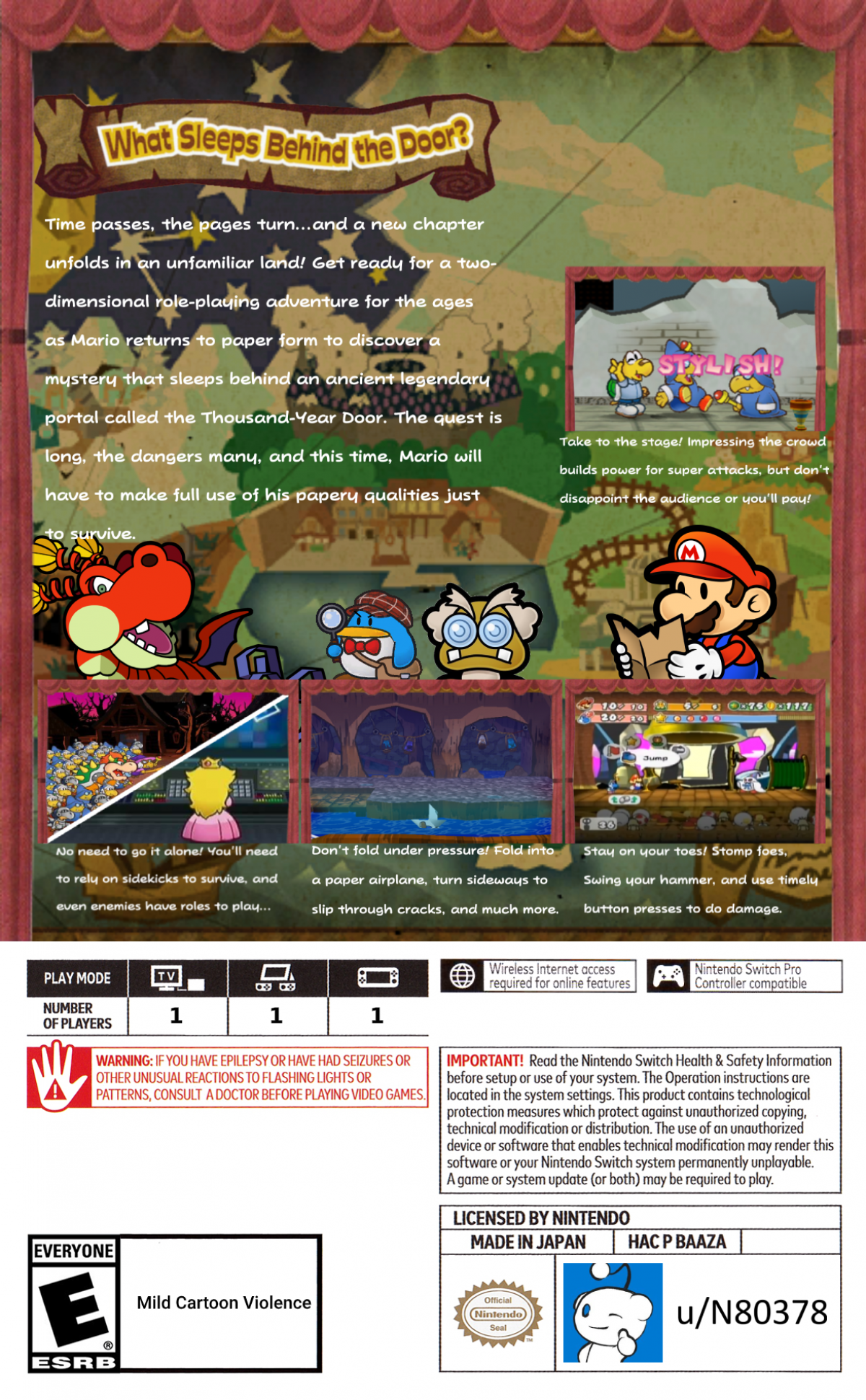 Paper Mario The Thousand-Year Door Nintendo Switch game featuring turn-based RPG combat, charming storybook visuals, and classic Mario adventure back cover art