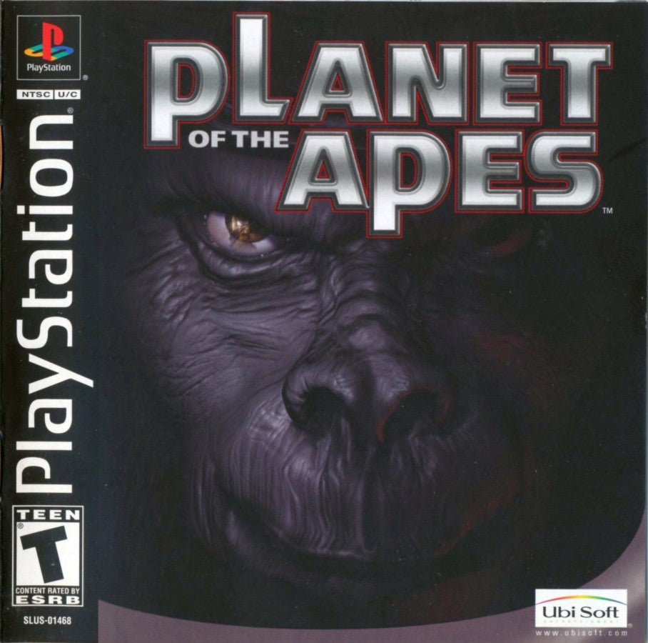 Planet of the Apes game for the PlayStation featuring action adventure gameplay with platforming combat and exploration elements based on the film franchise as players navigate a world ruled by intelligent apes and uncover a story driven narrative front cover