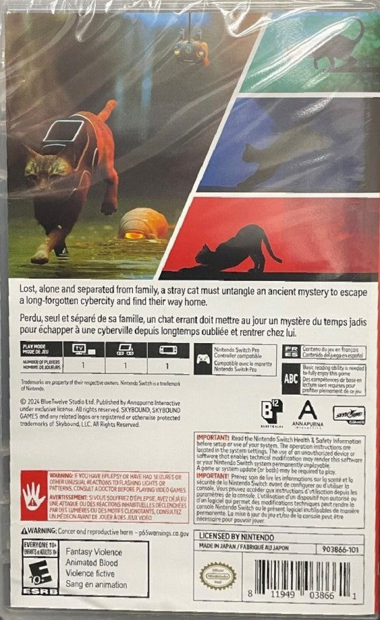 Stray for Nintendo Switch with futuristic city exploration featuring a stray cat protagonist back cover