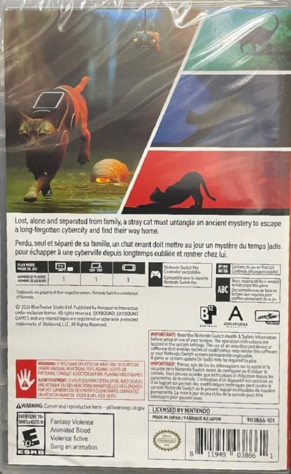 Stray for Nintendo Switch with futuristic city exploration featuring a stray cat protagonist back cover