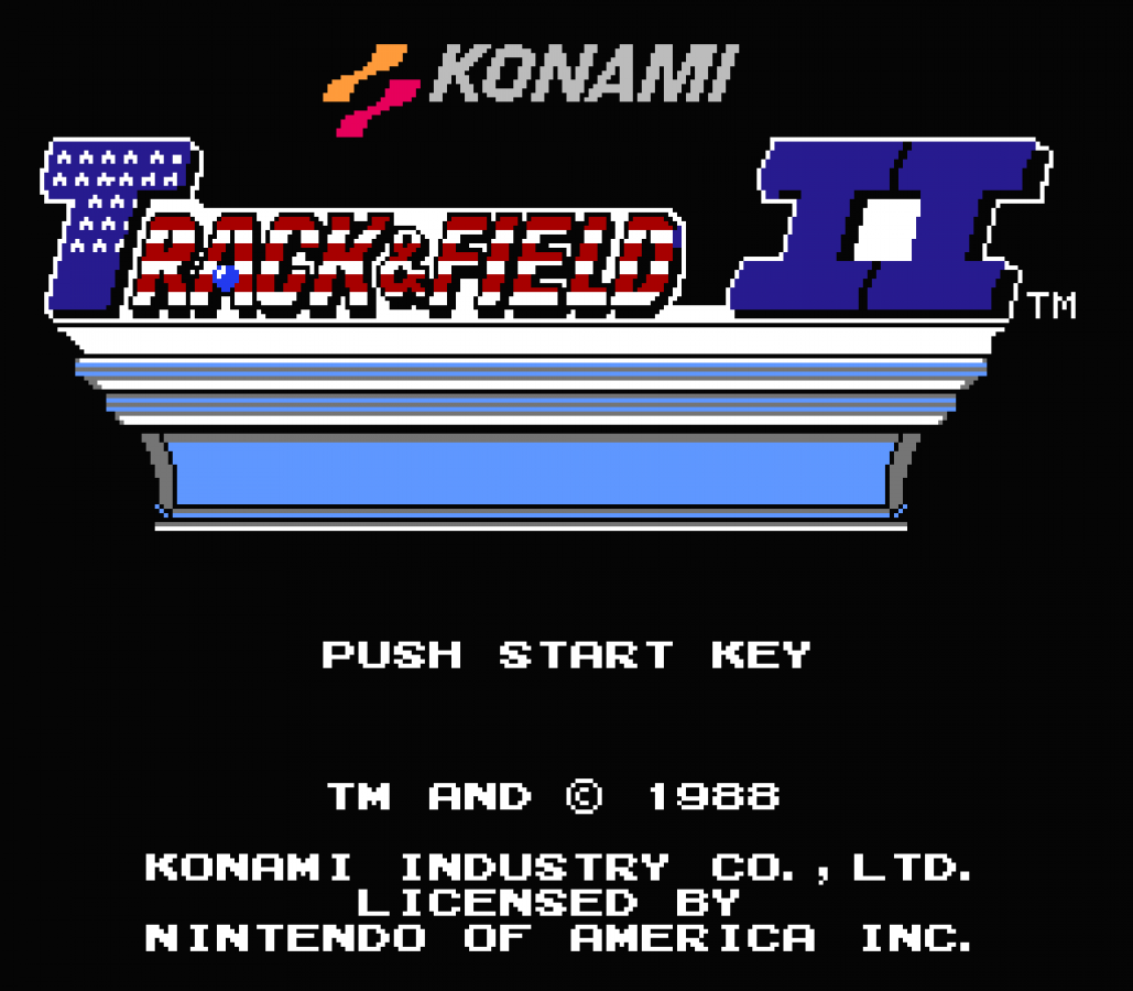 Track and Field II retro NES video game Track and Field sports olympic competition arcade athletics multiplayer mini games classic console title Nintendo Entertainment System release title screen