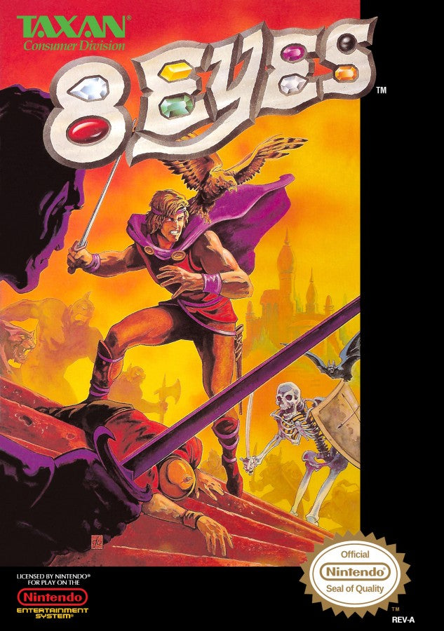 8 Eyes Nintendo Entertainment System NES for action platforming video game fans featuring side scrolling gameplay fantasy adventure sword combat collectible jewels challenging levels cooperative play with the falcon Cutrus classic NES retro gaming collectible appeal front cover art