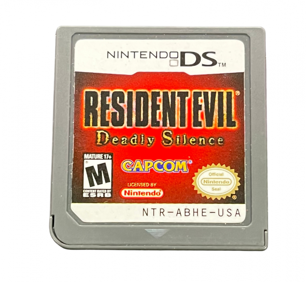 Resident Evil Deadly Silence Nintendo DS DS survival horror video game featuring zombie survival combat exploration eerie environments puzzles inventory management weapons dangerous creatures and classic Resident Evil gameplay enhanced for Nintendo DS DS with touch screen controls collectible cartridge front