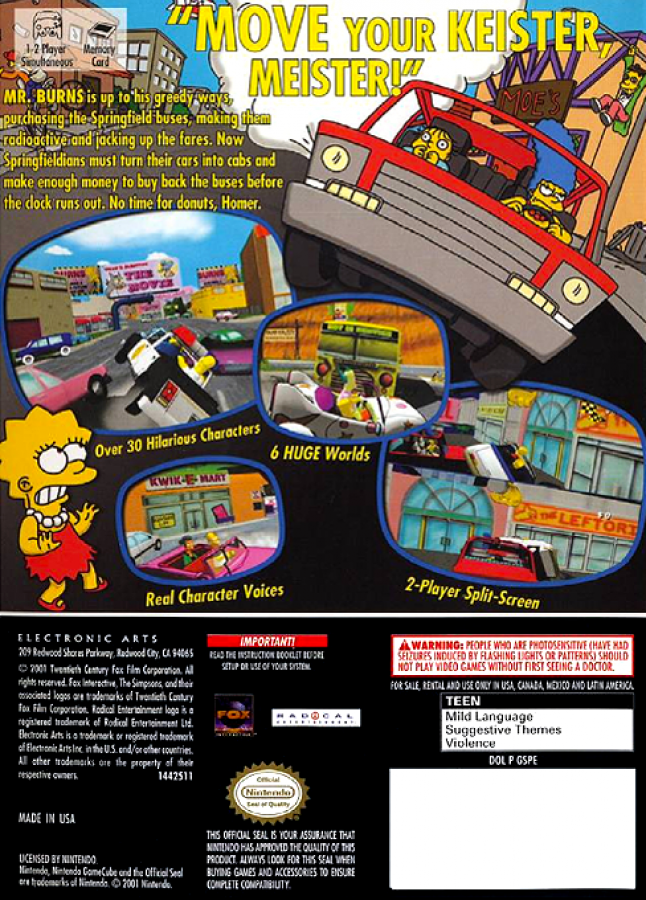 The Simpsons Road Rage GameCube game featuring arcade-style driving gameplay and missions set in Springfield back cover