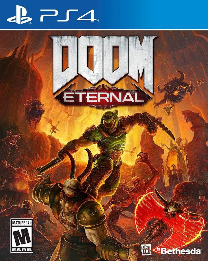 DOOM Eternal PS4 game featuring fast-paced first-person shooter action, intense demon-slaying combat, and brutal high-speed gameplay cover art