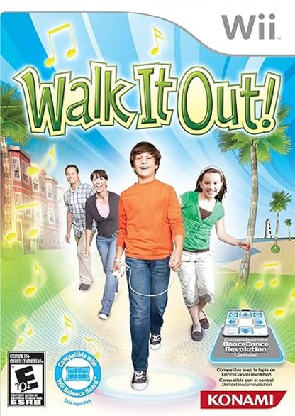 Walk It Out cover art for Nintendo Wii (Wii) featuring rhythm‑based walking gameplay across a vibrant virtual city, unlocking new areas, music tracks, and interactive environments as you step in time.