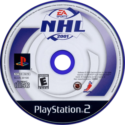 NHL 2001 – PlayStation 2 (PS2) video game disc, ice hockey simulation.