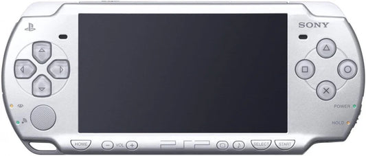 Silver PlayStation Portable PSP 2000 handheld gaming system featuring slim and lightweight design widescreen display UMD game support Wi Fi connectivity multimedia playback video output capability rechargeable battery iconic Sony portable console compatibility with PSP games collectible gaming appeal