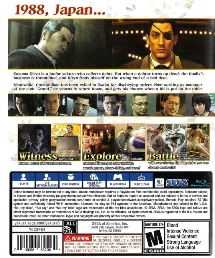Yakuza 0 – PlayStation 4 (PS4) video game back of case, action-adventure role-playing game.