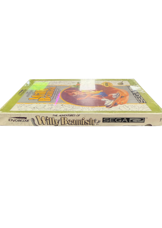 Willy Beamish Sega CD sealed for graphic adventure video game fans featuring cartoon comedy storytelling interactive environments puzzle solving mischievous adventures colorful characters and classic Sierra On-Line gameplay factory sealed collectible Sega CD gaming appeal side view of box