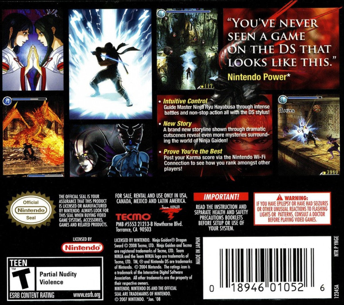 Ninja Gaiden Dragon Sword for Nintendo DS, back of case for an action-adventure video game with fast-paced combat, stylus-based controls, ninja gameplay, and mission-based progression